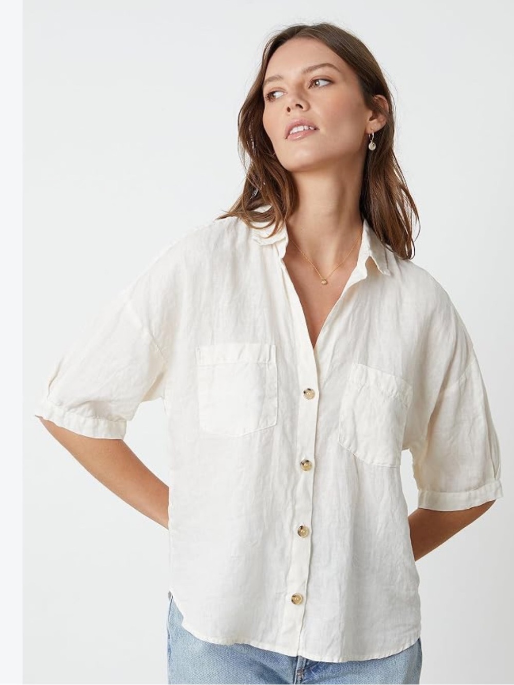 Velvet by Graham & Spencer Cream Linen Short-Sleeve Button-Down Shirt